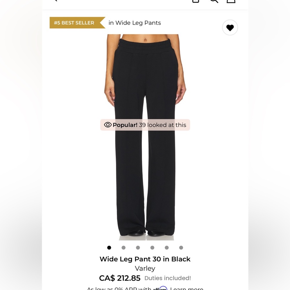Varley Black Wide Leg Pant 30 in black